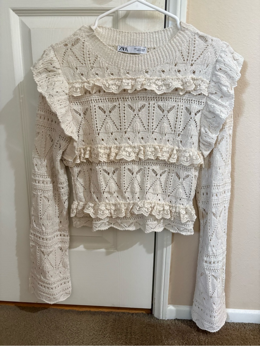 Zara Cream Crochet Knit Ruffle Long Sleeve Crop Top Boho Lace Sweater